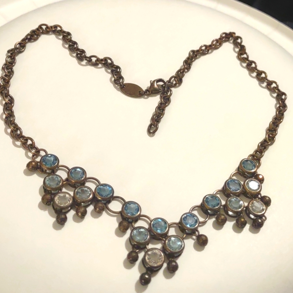 ANTIQUE AQUA AND CLEAR CRYSTAL STATION NECKLACE